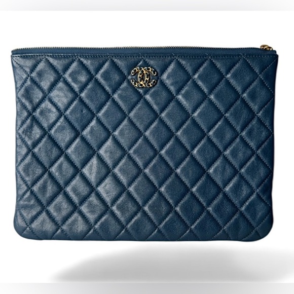 CHANEL Handbags - CHANEL Chanel Matelasse Blue Quilted Lamb Skin Clutch Back Pocket zipperClosure